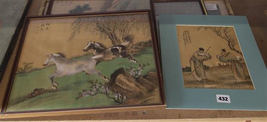 4 Chinese paintings on silk and a woodblock print